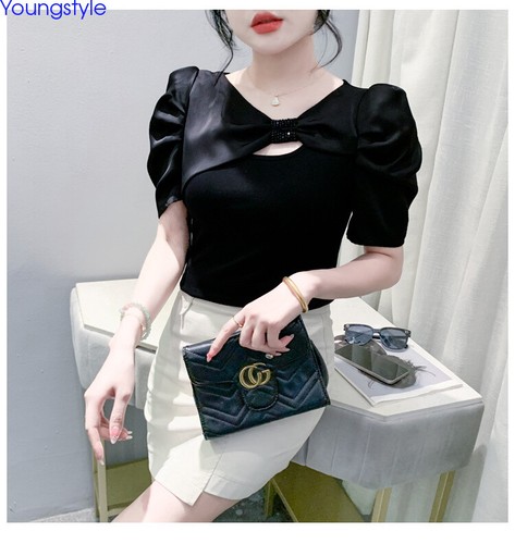 Korean Womens Puff Sleeve Beaded Summer Slim Party Cocktail Tops Blouse Shirts - Picture 10 of 20