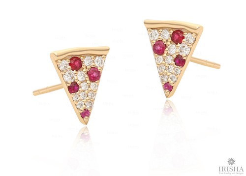 Natürliche Diamant und Rubin Edelstein Pizza Scheibe Ohrstecker - 14K Gold - Bild 5 von 7