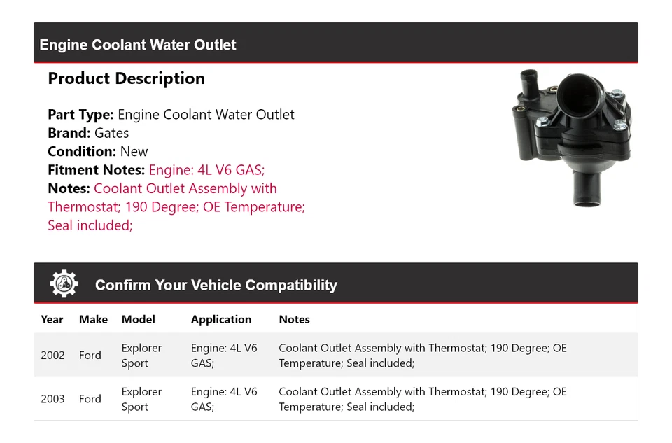 适用于 2002 - 2003 年福特 Explorer Sport 4L V6 气体发动机冷却水出口门 — 第 2/4 张图片