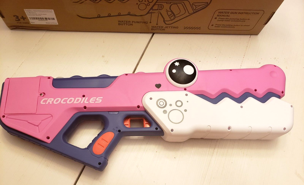 CROCODILE AUTOMATIC ELECTRIC WATER GUN PINK WHITE TOY