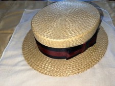 Vintage Antique Straw Boater Skimmer Stiff Straw Hat Flat Top Custom Made