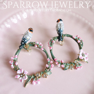 Ohrringe Nägel Email Papagei Blume Vogel rosa grün feiner Ring L2