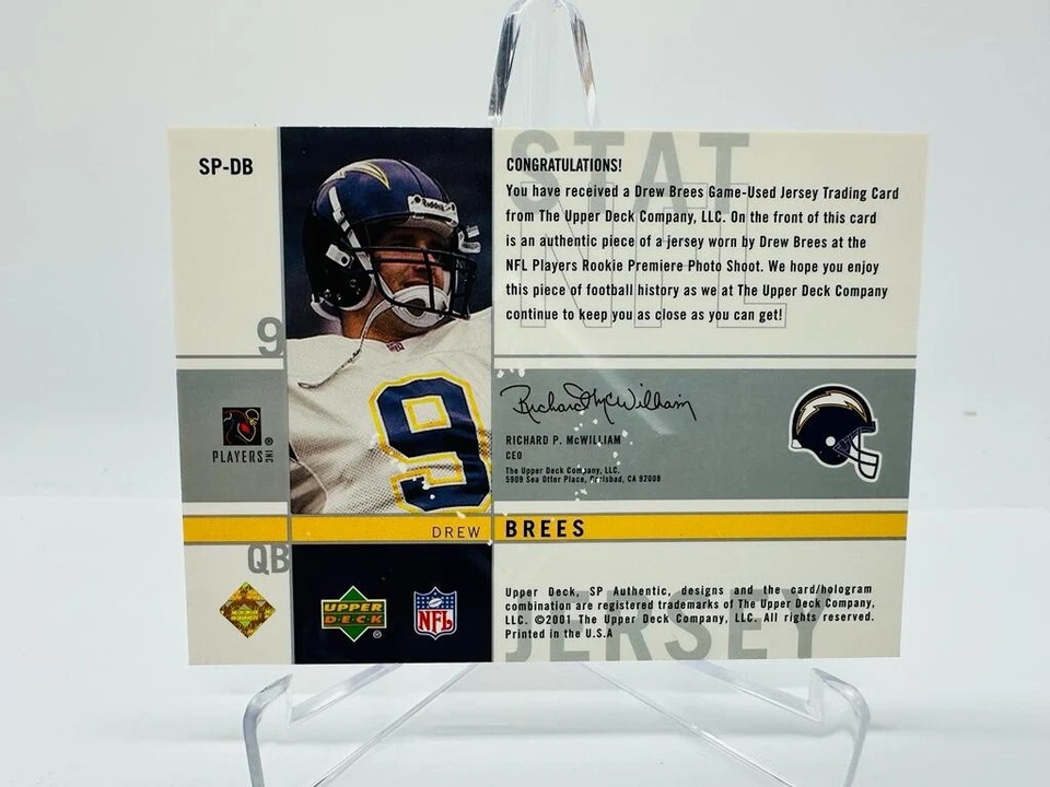 2001 SP Authentic Stat Jerseys #SP-DB Drew Brees 194 Yards /194 Passing - Image 2 of 2