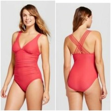 MERONA One Piece Swimsuit Coral M /L / XL Shirred Cross Back NEW Nwt