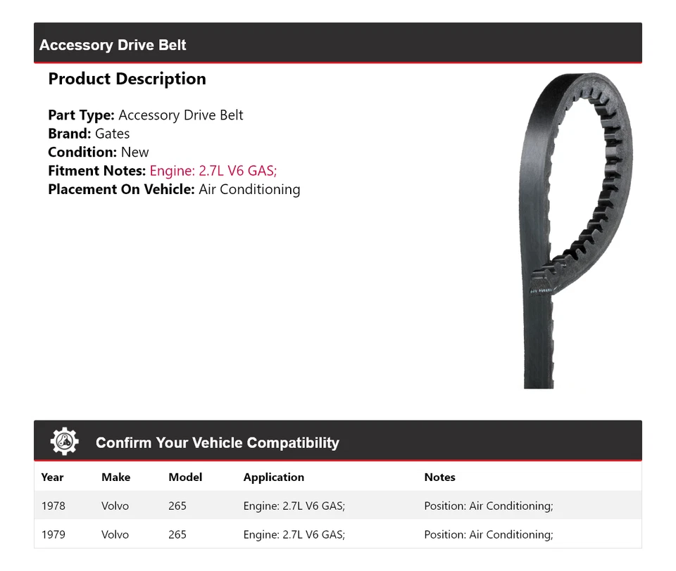 For 1978-1979 Volvo 265 2.7L V6 GAS Accessory Drive Belt AC Gates - Image 2 of 4
