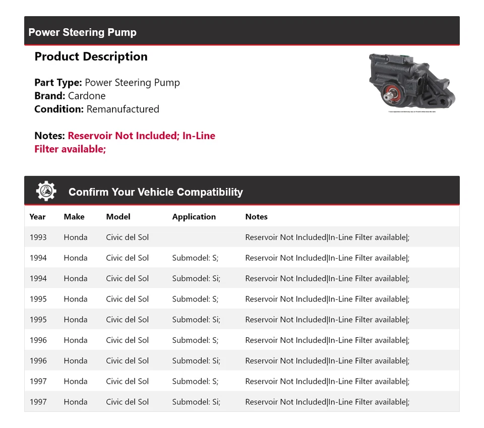 Насос гидроусилителя руля Cardone для Honda Civic del Sol 1993-1997 годов выпуска 1994 1995 1996 годов выпуска - Изображение 2 из 4
