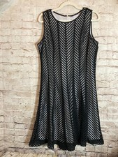 NEW Calvin Klein Dress Women 14 Black Mesh Overlay Fit & Flare Herringbone Flowy