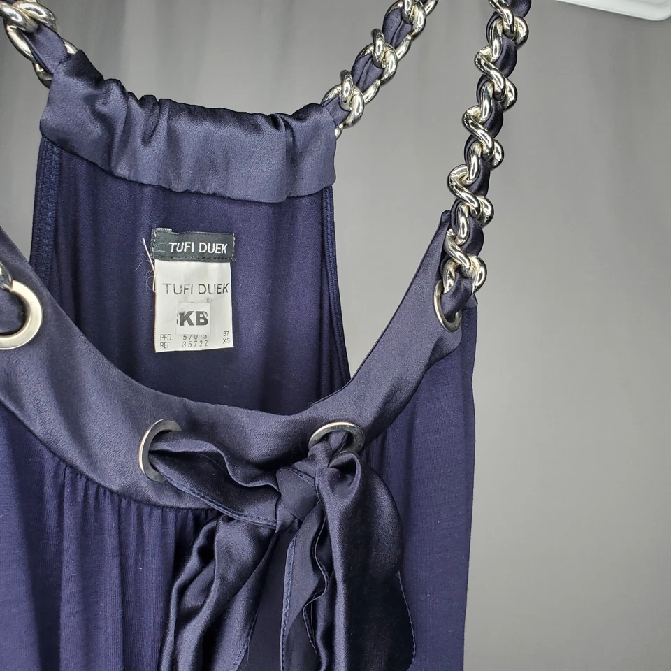 Camiseta sin mangas Tufi Duek con tiras cadena herrajes para mujer XS azul cinta satinada diseñador Y2K Foto 3 de 4