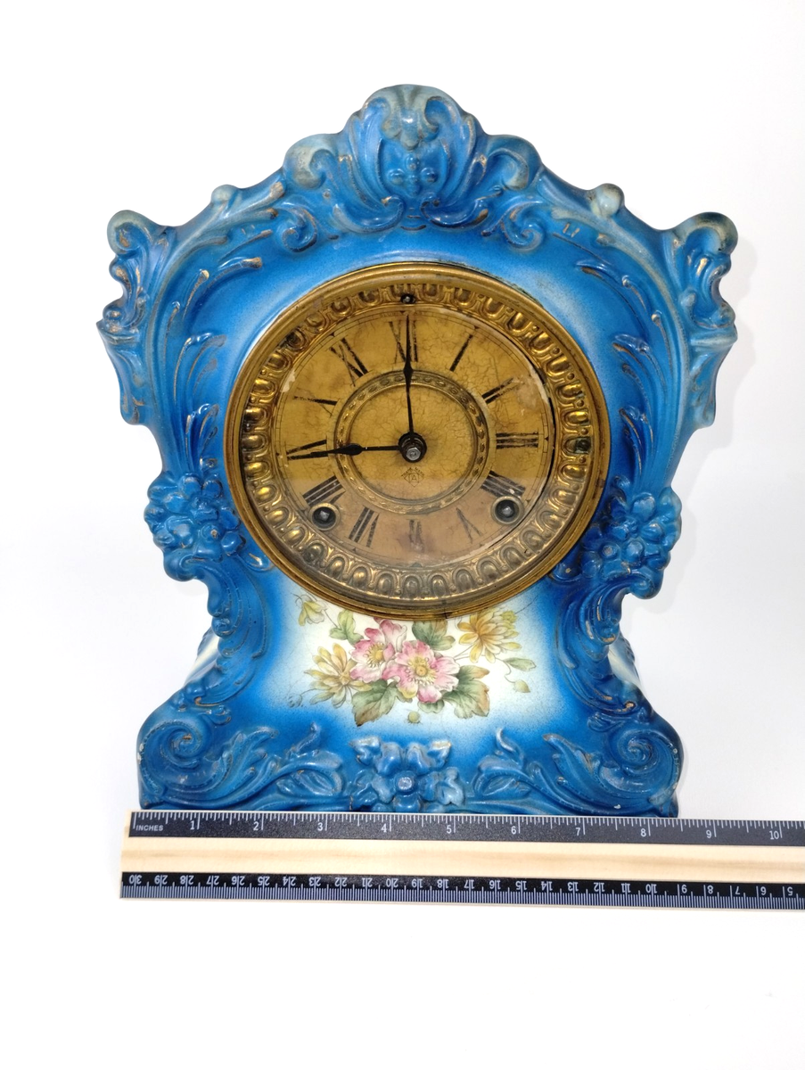 アンソニアANSONIA CLOCK［USA］ Torn Antique Ansonia Porcelain Blue Mantle Clock 1882 Tested