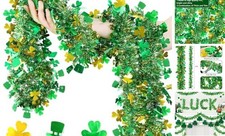 St Patricks Day Garland Decor Gold Green Shamrock Hat Tinsel Garland, 33 FT