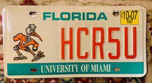 FLORIDA UNIVERSITY OF MIAMI HURRICANES SPECIALTY LICENSE PLATE AUTO TAG FLA.