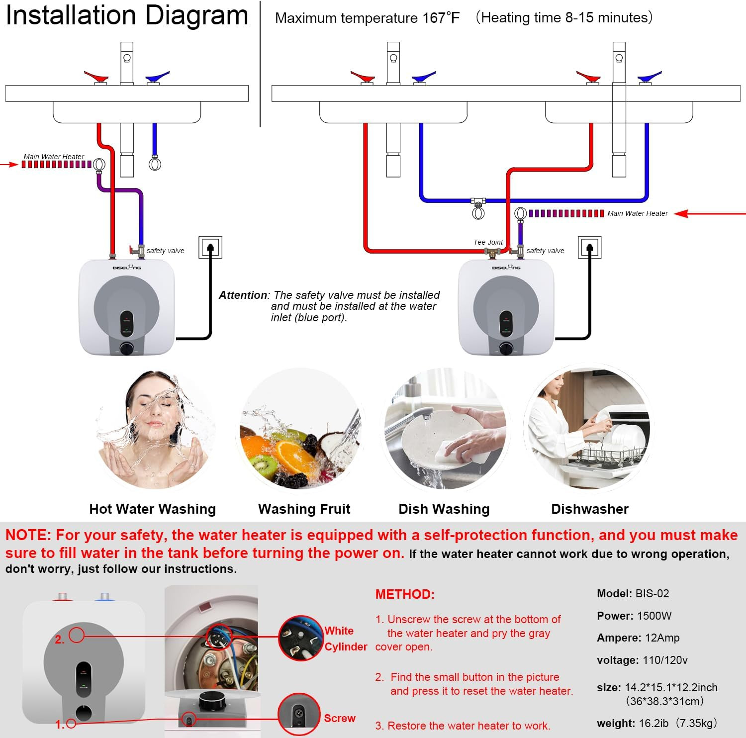 110V-120V 1440-1500W Small Under Sink Tank 2.5 Gallon Water Heater Hot Storage,M