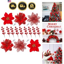 Christmas Glitter Poinsettia Flowers Berry Picks Xmas Tree Ornaments 30pcs