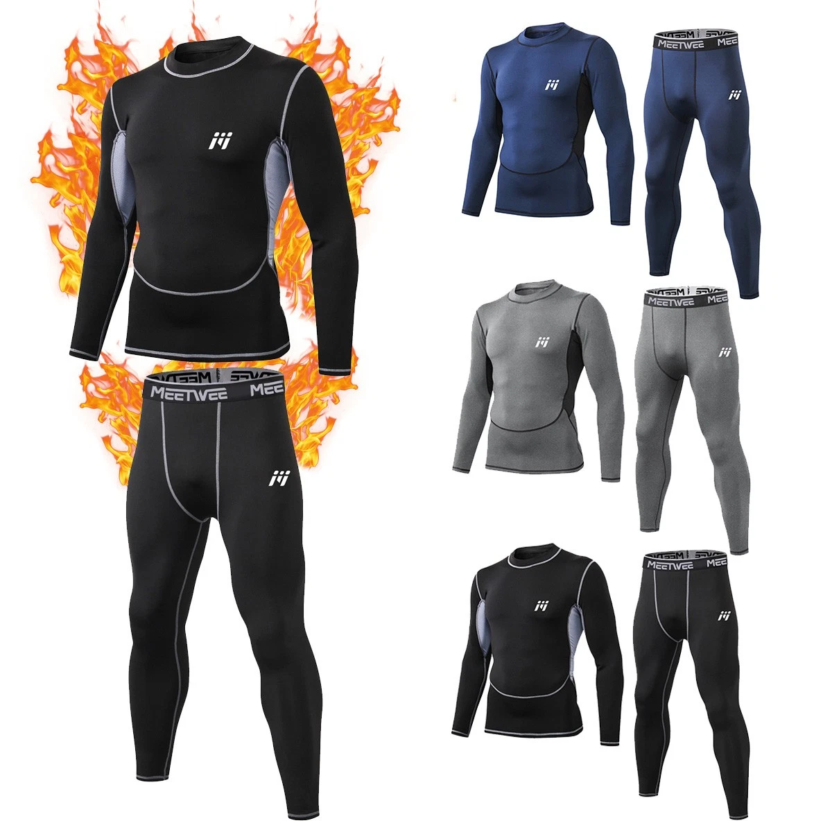 2Pc Men's Fleece Underwear Set Winter Warm Base Layer Outdoor Sports Workout Ski