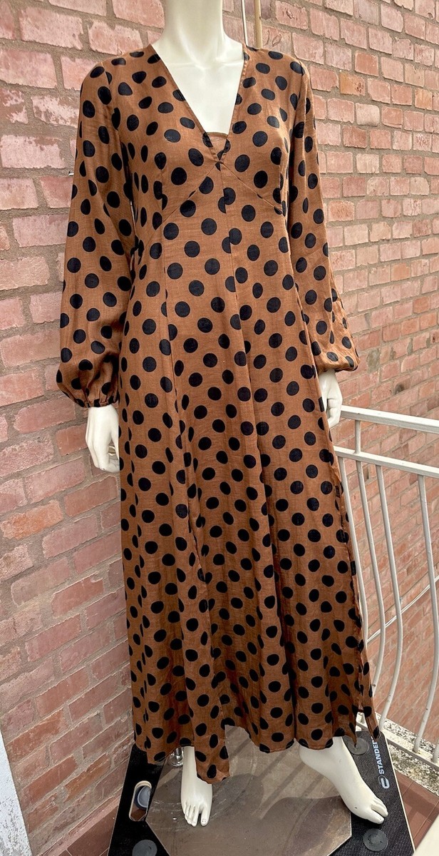 zimmerman brown dress Zimmermann Primrose Puff Sleeve Midi Dress Brown/Pink Polka Dot Linen   Celebrity Owned