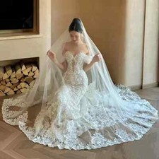 One Layer Wedding Veil Lace Appliques Bridal Veils Cathedral Length without Comb