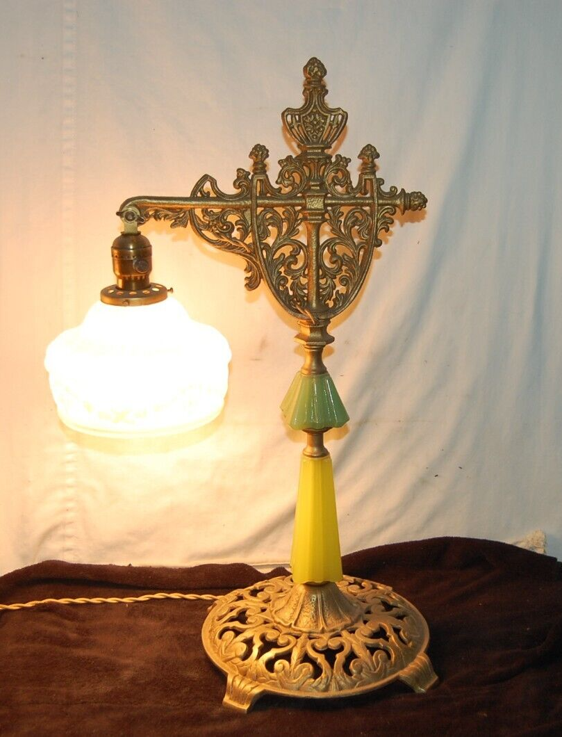 Antique Gold Ornate Jadite Houze Glass and Iron Table Bridge Lamp