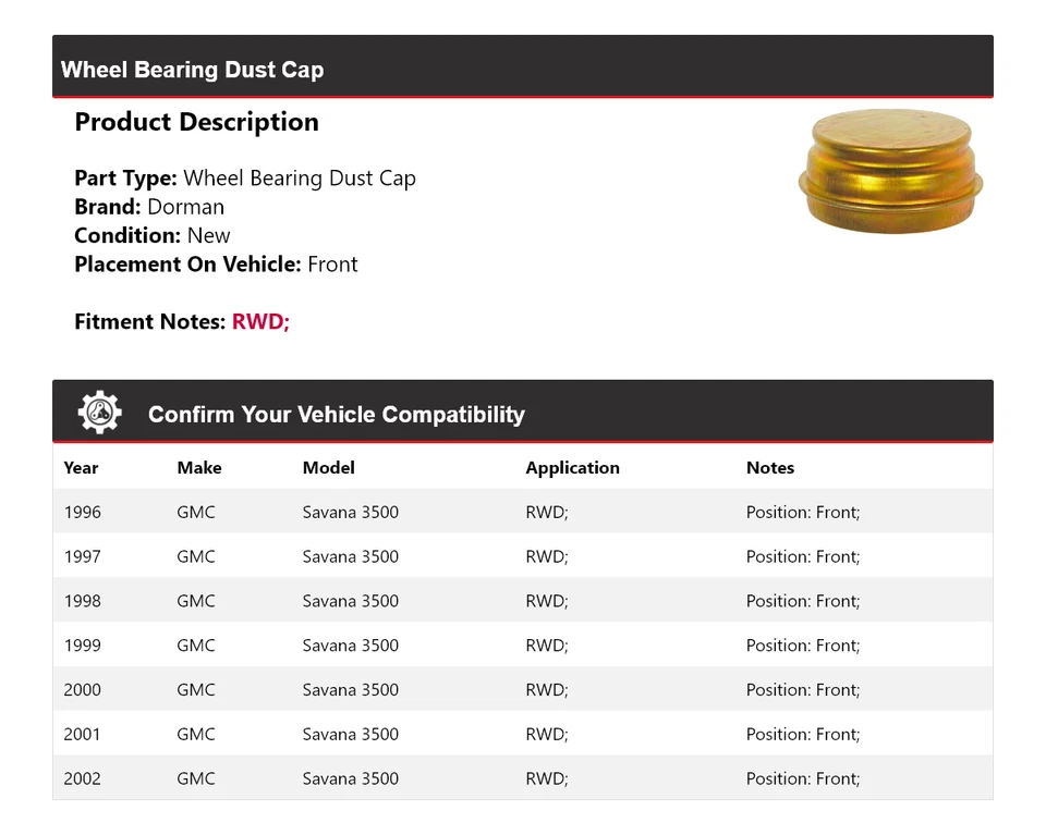 Tapa antipolvo para cojinete de rueda Dorman 1996-2002 GMC Savana 3500 tracción trasera delantera 1997 1998 Foto 2 de 4