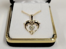 14k Yellow Gold Small Heart Dolphins  Small Diamonds Charm/Pendant