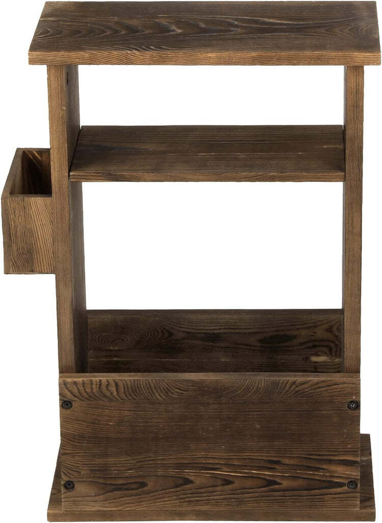 Burnt Wood End Table with Magazine Holder, Shelf and Remote Control ...