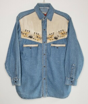 Vintage Stockerpoint Original No.1 Beaded Metal Western Denim Shirt Men's Small
