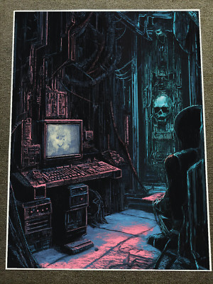 Surreal Sci-Fi Computer Lab with Dark Presence Poster 18x24in