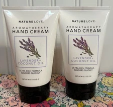 2 NATURE LOVE AROMATHERAPY HAND CREAM 4 OZ LAVENDER + COCONUT OIL SEALED