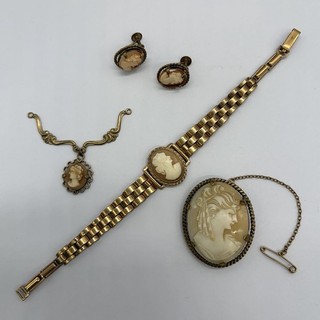 Vintage Cameo Jewellery Set Bracelet Earrings Pendant Brooch Rolled Gold Clewco