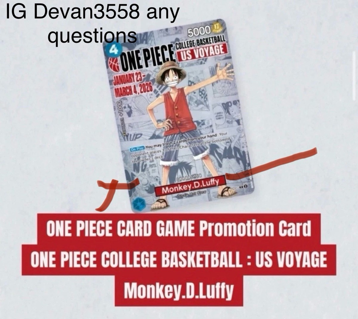 🔥🏀One Piece Monkey.D.Luffy US College Basketball Promo Card