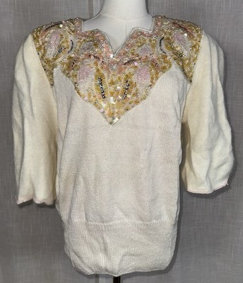 Vintage NEW P.A. International Women s XL L Sequin Beaded Angora Sweater Artsy