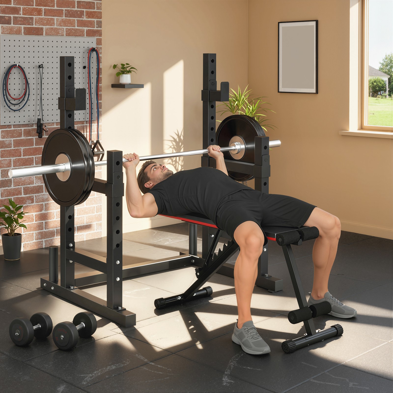 Adjustable Squat Rack, 660lbs Multi-Functional Bench Press Rack, Black
