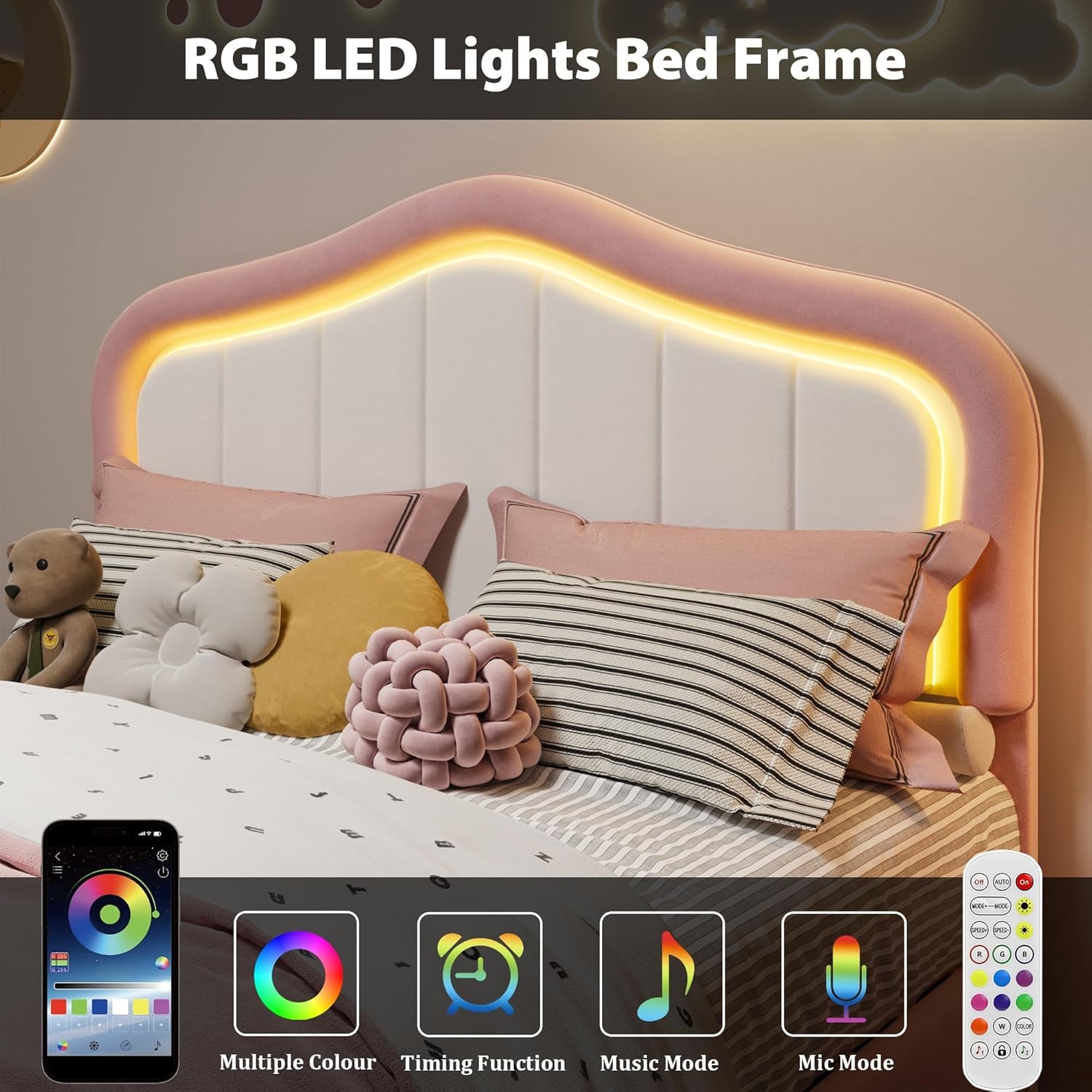 Twin XL Upholstered Bed Frame with Storage Drawer & LED Headboard for Kids/Girls