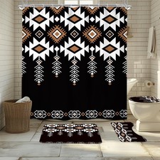 Black Western Retro Boho Tribal 4Pcs Bathroom Shower Curtain Set with Rugs