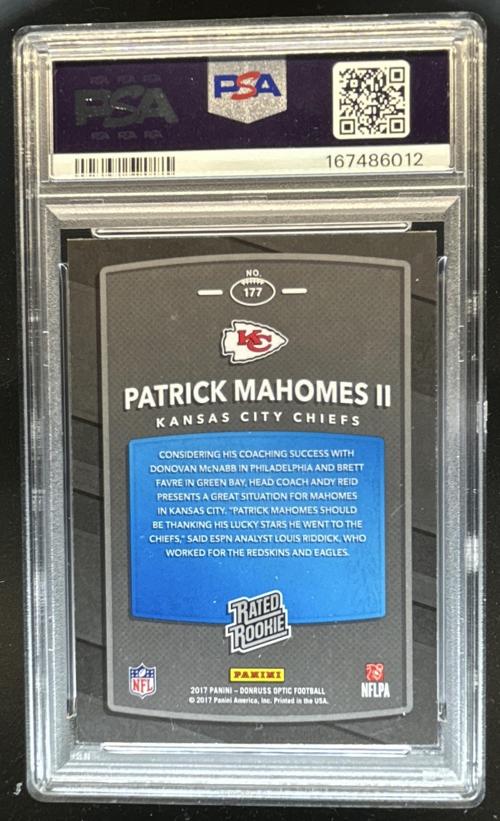 2017 Panini Donruss Optic Patrick Mahomes II RC Rated Rookie #177 Chiefs PSA 9 view 2