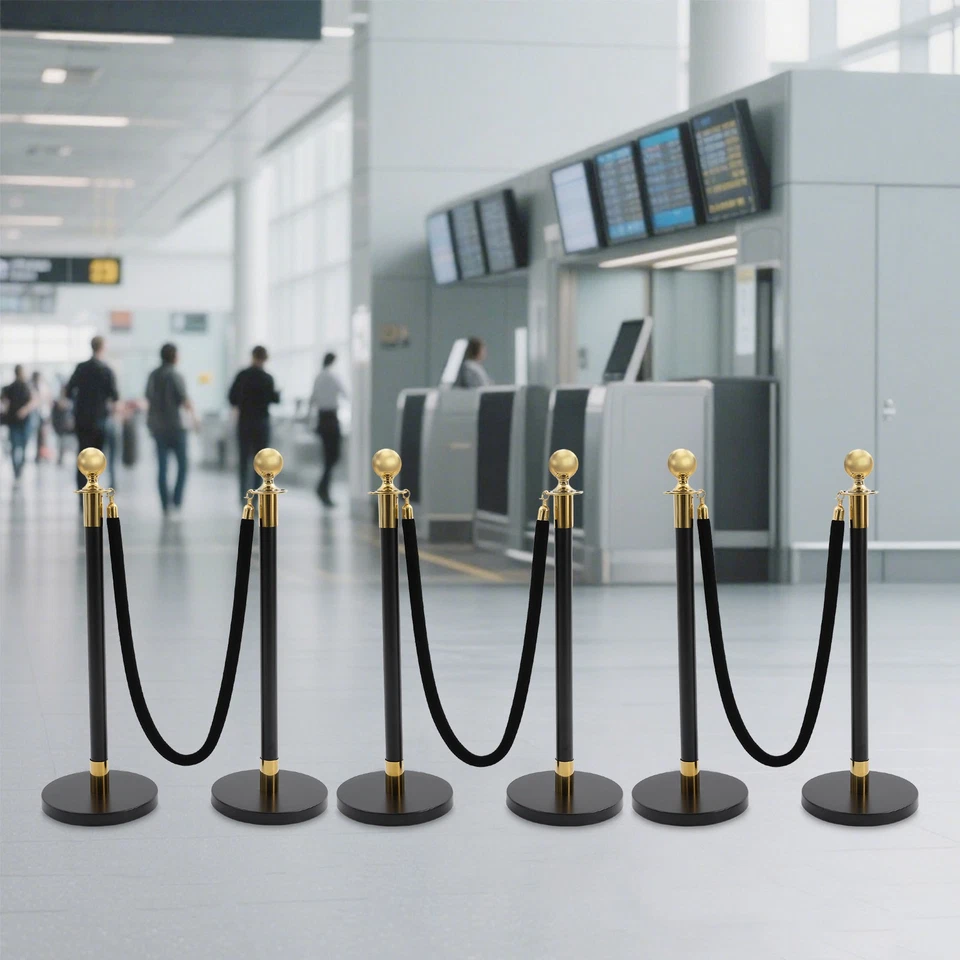 6PCS Black+Gold Stanchion Posts Queue Pole w/ 4 1.5M Ropes Crowd Control Barrier - Image 2 of 4
