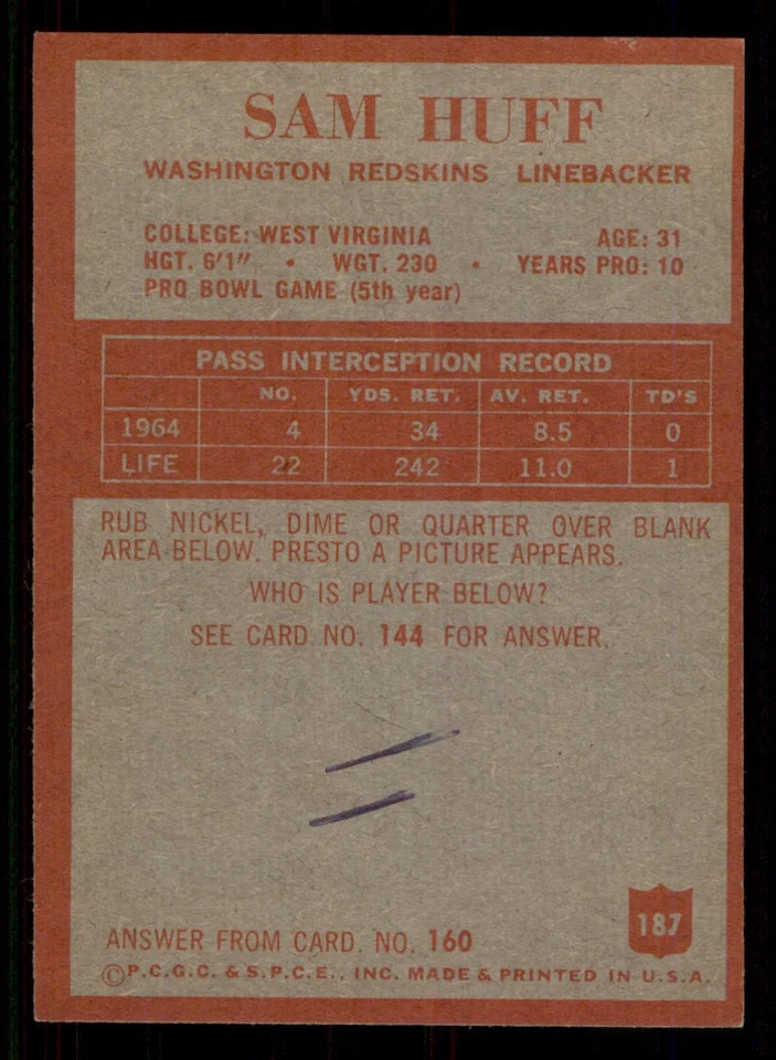 1965 Philadelphia #187 Sam Huff - Image 2 of 2