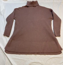 Anrabess Sweater Womens Small Brown Ribbed Turtleneck Pullover Tunic Side Slits