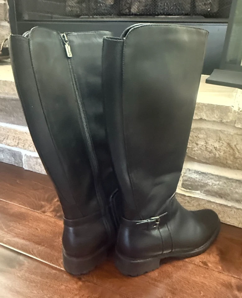 Botas de montar BLONDO impermeables de cuero negro a la altura de la rodilla para mujer con cremallera lateral 9W Foto 4 de 4