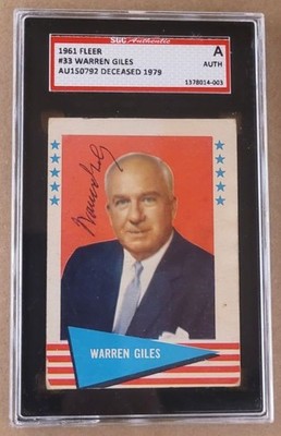 Autographed Signed WARREN GILES 1961 Fleer Card #33 SGC Slabbed