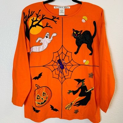 Vintage Halloween Shirt Womens Medium Spider Web Ghost Witch Black Cat Pumpkin