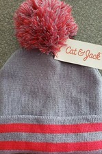 Cat and Jack Pom Knit Beanie Hat One Size Boys Grey Red Striped Cuffed