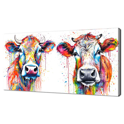 Zwei bunte Kühe Rinder Tiere Aquarell Gemälde Stil Leinwandbild Kunst
