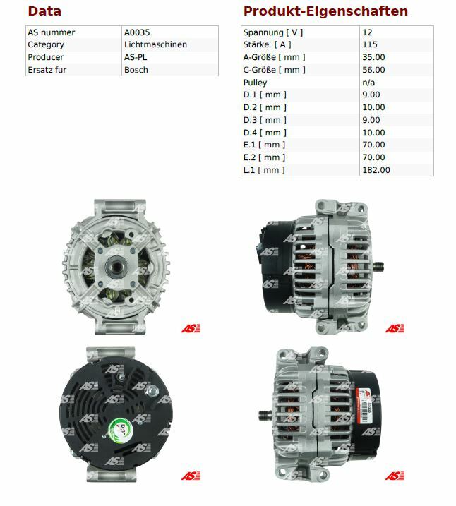 As-Pl Alternator Generator for Mercedes Benz C200 C220 E200 E220 Sprinter