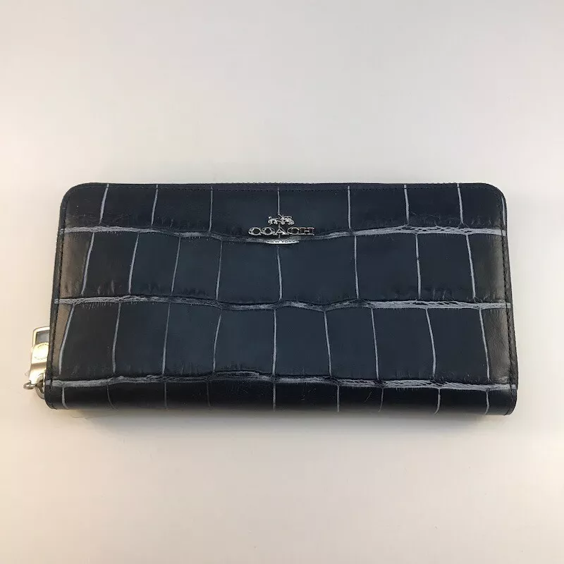 Coach Women Accordion Zip Wallet in Croc Embossed Leather Denim Blue