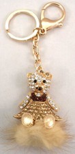 Rhinestone Bling Key Chain Fob Phone Purse Charm Pom-Puff Teddy Bear