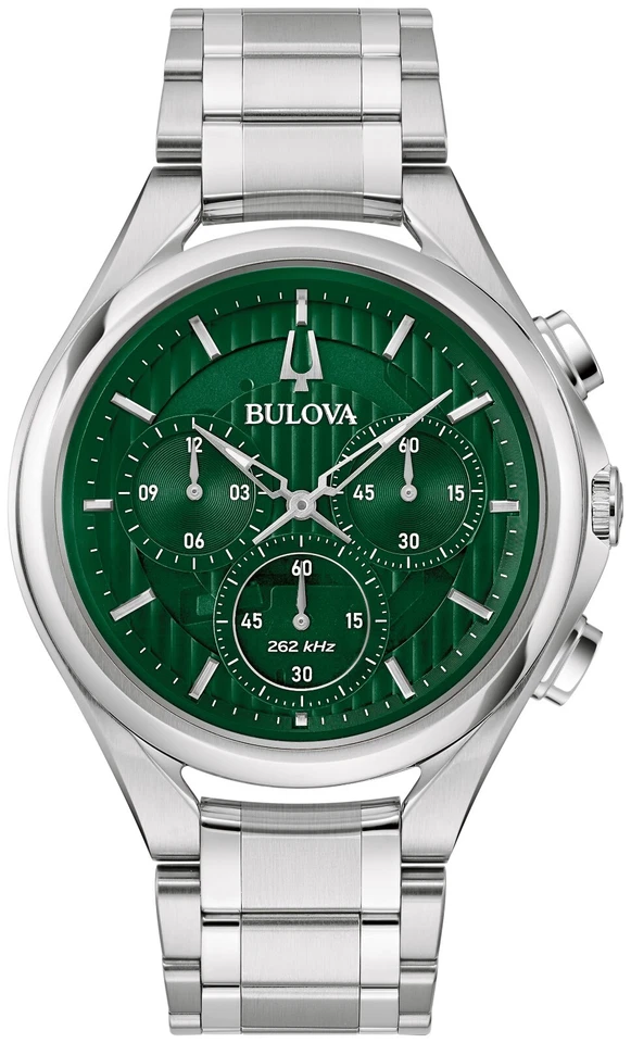 Bulova Men's Curved HPQ Chronograph Silver Stainless Steel Watch 44 MM 96A297