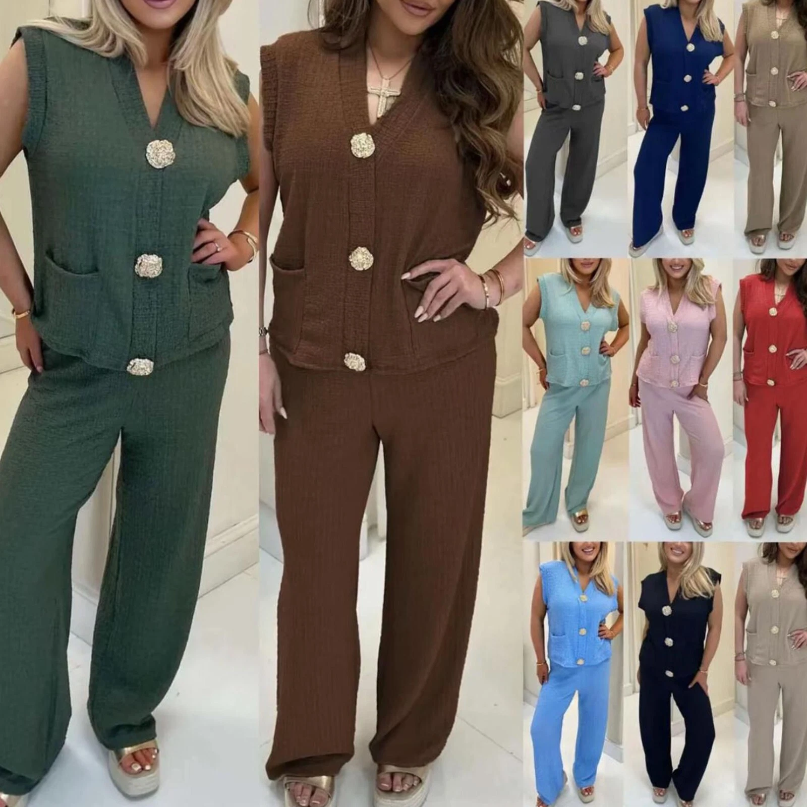 Womens Gold Clip Loungewear Ladies Waistcoat Palazzo Trouser Tracksuit Coord Set