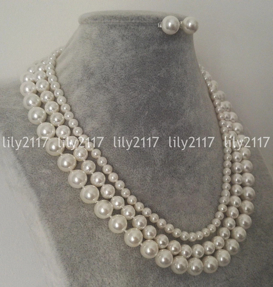 Juego de 3 filas de 6/8/10 mm Mar del Sur blanco concha perlas redondas collar pendientes 17-19" Foto 2 de 3
