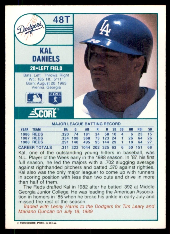 1989 SCORE TRADED. KAL DANIELS LOS ANGELES DODGERS #48T - Image 2 of 2