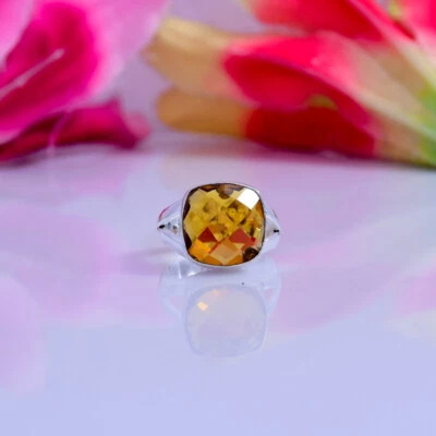 Handgemachter Ring 925 Sterling Silber Citrin Topas Rund Cushion Stein Orange - Bild 1 von 4
